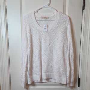 CLEARANCE LOFT White Crew Neck Sweater with Textured Knit In XL